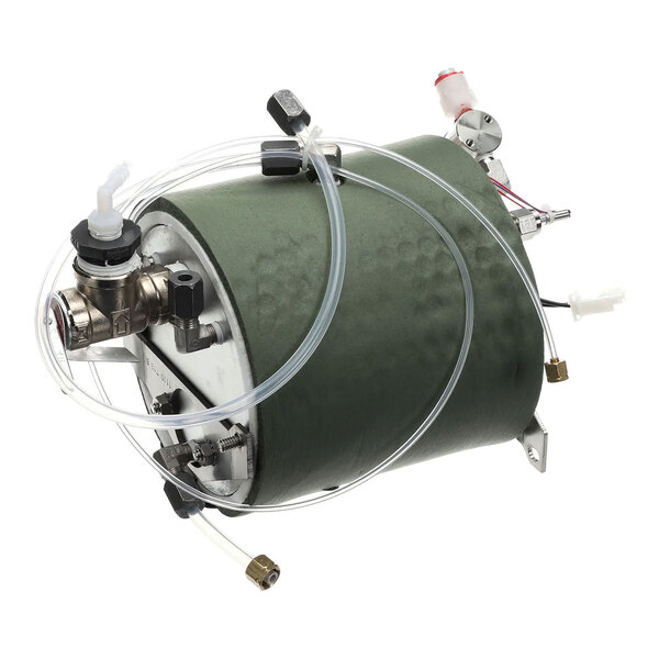 A cylindrical assembly tank with attached tubes and valves, used for water storage in beverage systems.