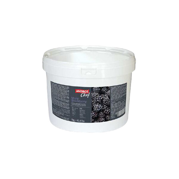 A large white plastic tub of Andros Chef Sweetened Blackberry Puree weighing 15.4 pounds.