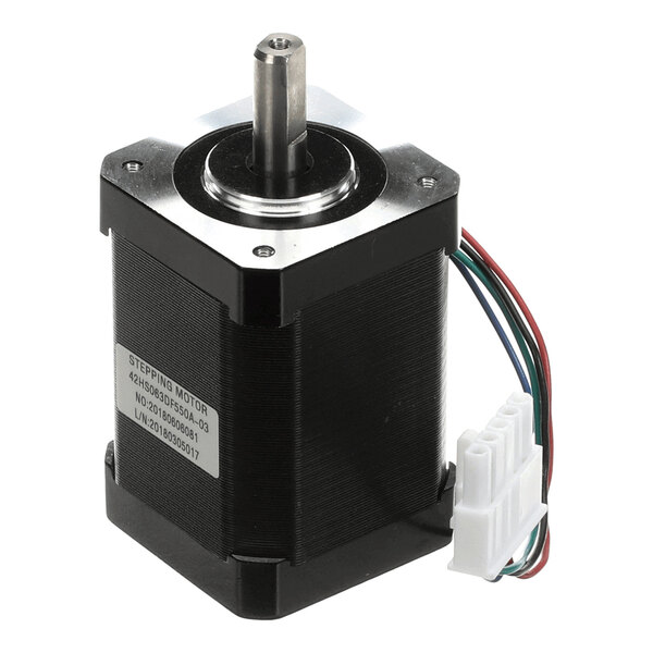 A black and silver stepper motor with a protruding shaft and attached multicolored wires ending in a white connector.