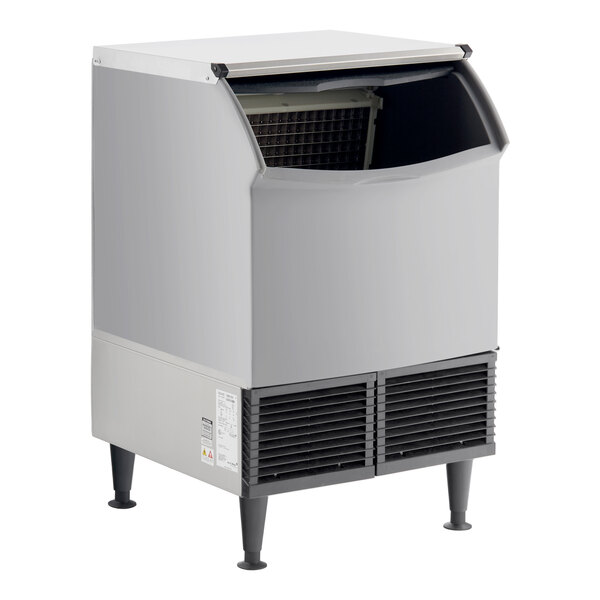 An undercounter air-cooled ice machine with a built-in storage bin.