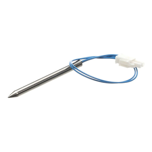 A metal temperature probe with an attached blue wire and white connector.
