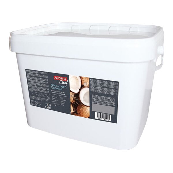A large white plastic tub of Andros Chef Sweetened Coconut Puree weighing 33 pounds.