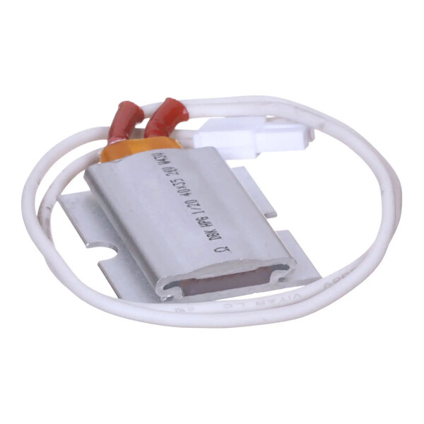 A small metal heating element with attached wires and a white connector, used in beverage systems.