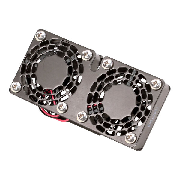 An assembly fan unit with dual circular vents and protective grilles, used for refrigeration systems.