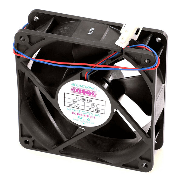 A black 24V DC exhaust fan with a plastic frame and two attached wires, used for ventilation in beverage systems.