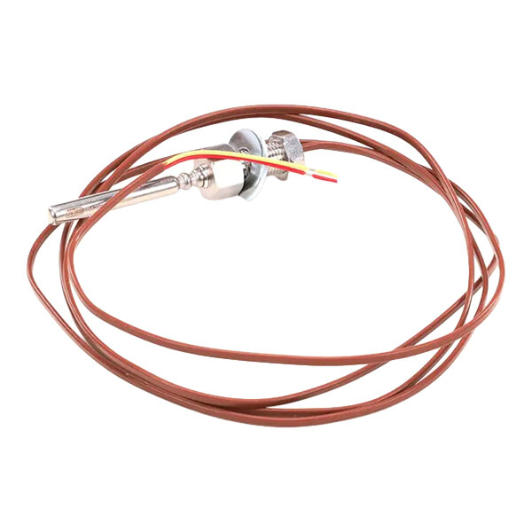 A temperature sensor with a long brown wire and metal probe, used for Cook Shack equipment.
