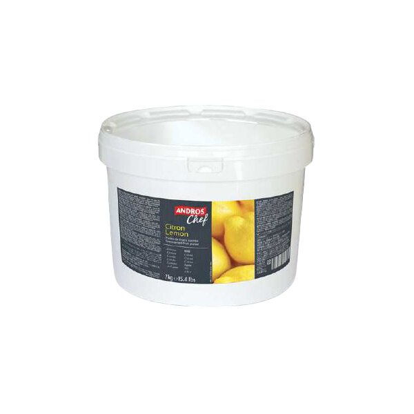 A large white plastic tub of Andros Chef Sweetened Lemon Puree weighing 15.4 pounds.