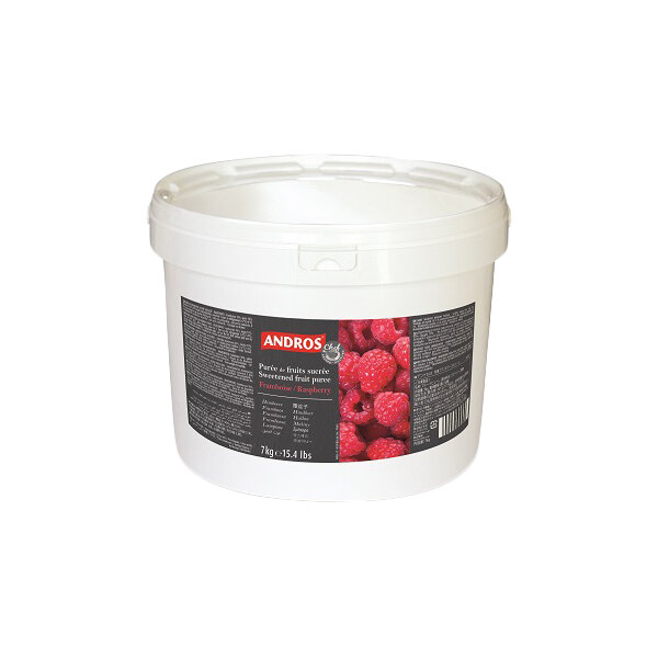 A large white plastic tub of Andros Chef Sweetened Raspberry Puree weighing 15.4 pounds.