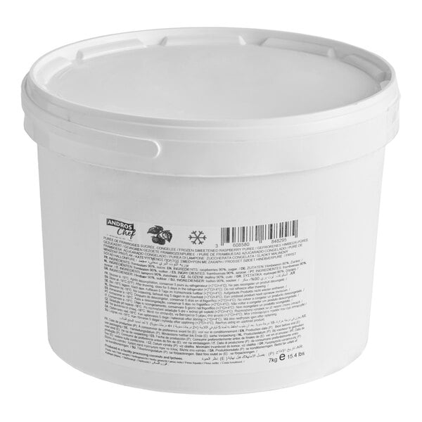 A large white plastic tub of Andros Chef Sweetened Raspberry Puree weighing 15.4 pounds.