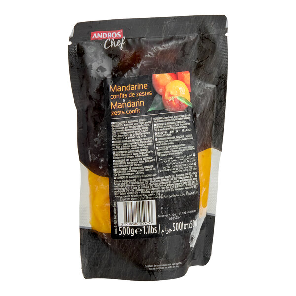 A standing pouch package labeled 'Andros Chef Mandarin zests confit' with an image of mandarins and visible orange contents inside.