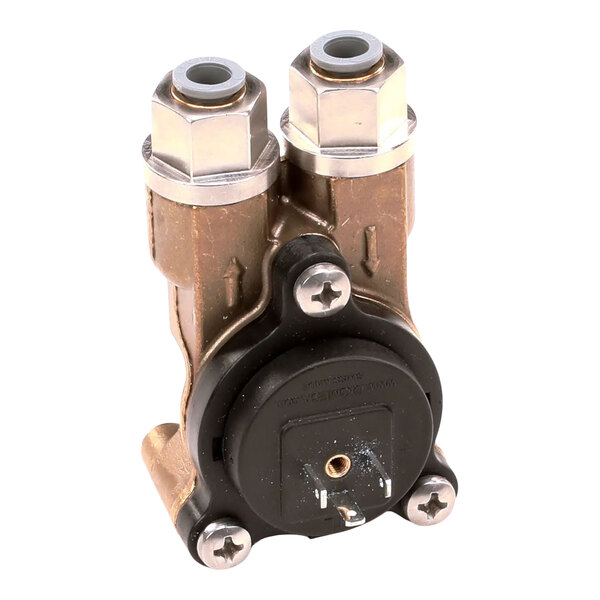 A Concordia Beverage Systems 2.5mm flowmeter assembly with two metal connectors and a black circular component.