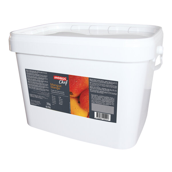 A large white plastic tub of Andros Chef Sweetened Mango Puree weighing 44 pounds.