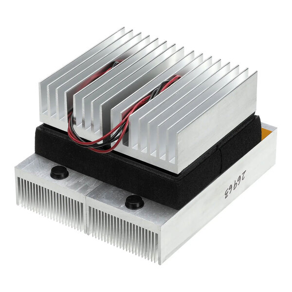 An aluminum heat sink assembly with attached wires, used for cooling electronic components in beverage systems.