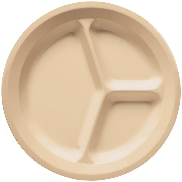 A tan melamine plate with three compartments.