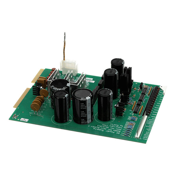 A green printed circuit board assembly with various capacitors, connectors, and electronic components, used as a DC power supply for Concordia Beverage Systems.