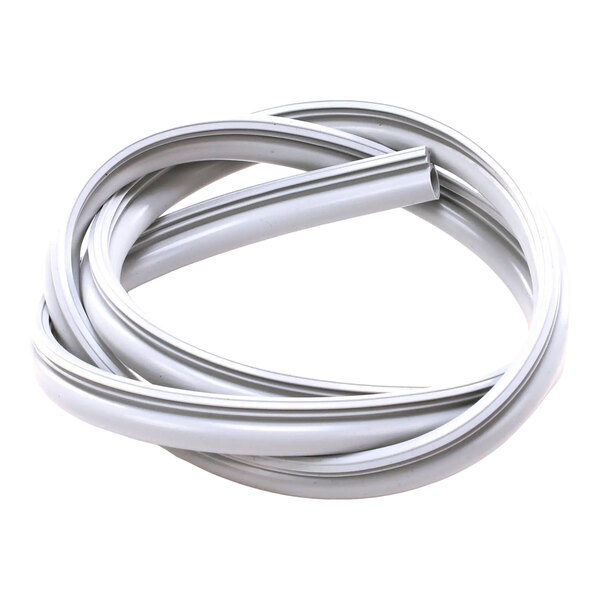 A coiled gray refrigerator door seal gasket.