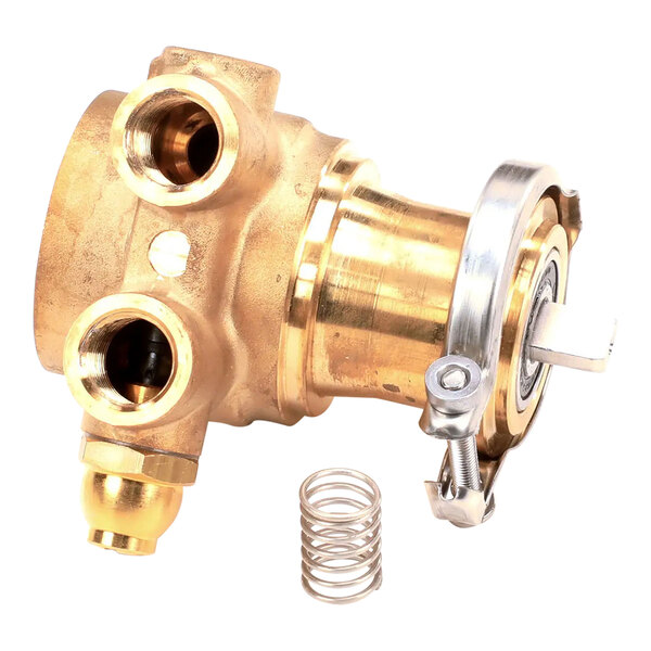 A brass water pump assembly with multiple ports, a metal clamp, and a separate coil spring.