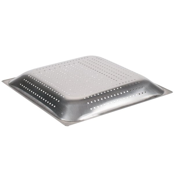 A stainless steel square pre-rinse basket with holes.