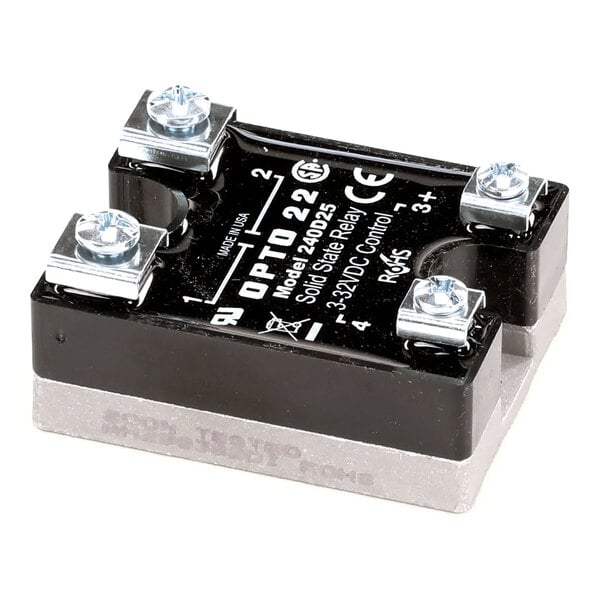 A solid state relay with four screw terminals and a black and silver rectangular body.
