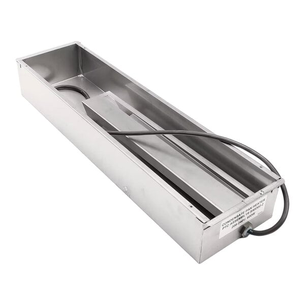 A stainless steel condensate pan with an attached power cord, designed for commercial refrigeration units.
