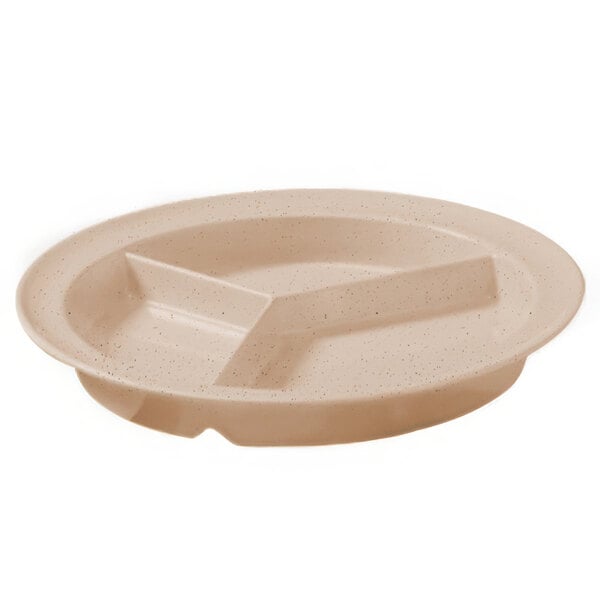 A sandstone melamine plate with three compartments.