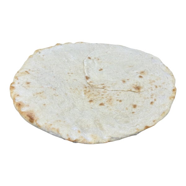 A round, parbaked pizza crust with a lightly browned surface.
