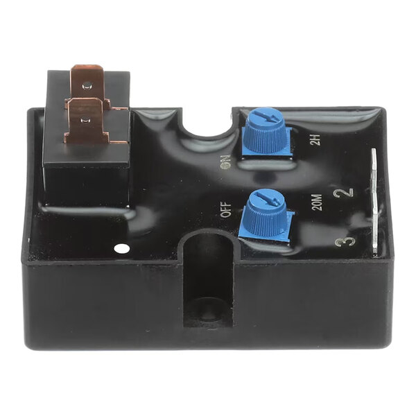 A black solid state timer with two blue adjustment knobs and copper electrical terminals, designed for 120V operation.