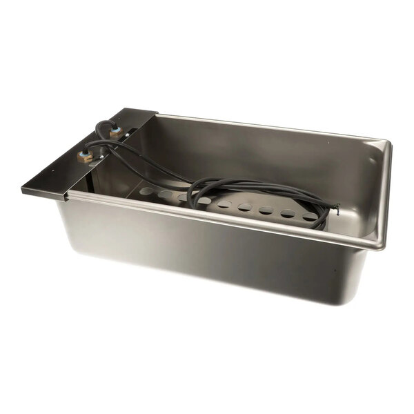 A stainless steel electric condensate pan with a power cord, designed for commercial refrigeration units.