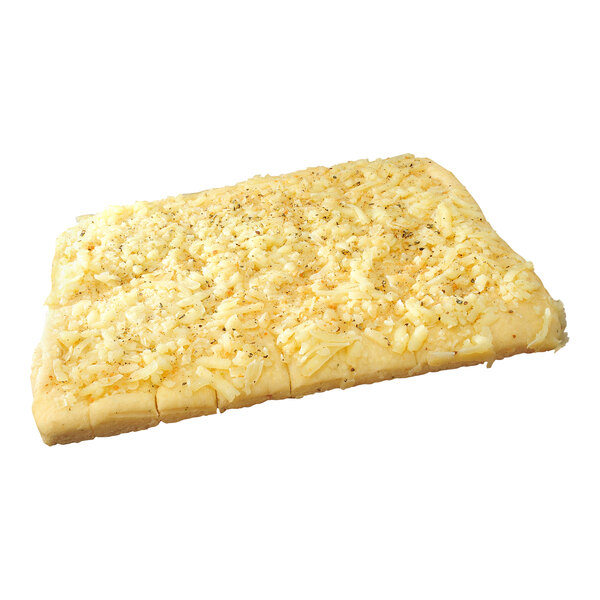 A rectangular slab of parbaked cheesy breadsticks topped with shredded cheese and seasoning.