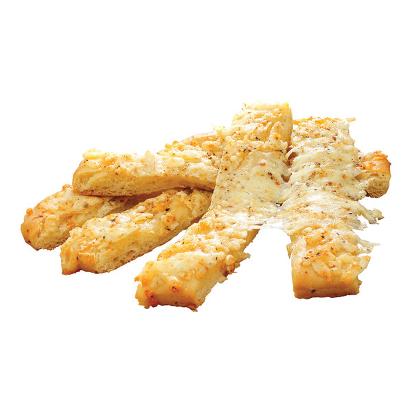 A group of parbaked cheesy breadsticks topped with melted cheese and seasoning.