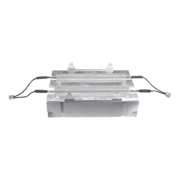 A rectangular metal condo pan assembly with mesh grates and attached power cables, used for heated food display.