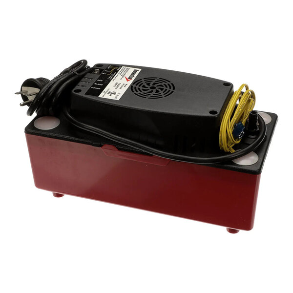 A condensate pump for 230V systems, featuring a red base and black top with attached power and signal cables.