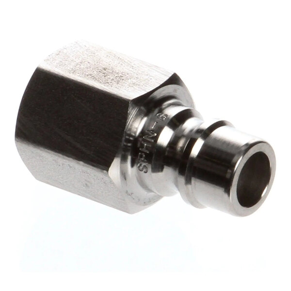 A metal quick disconnect fitting with a 3/8 inch connection.