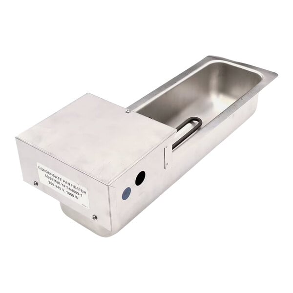 A stainless steel condensate pan heater with an attached heating element and control box.