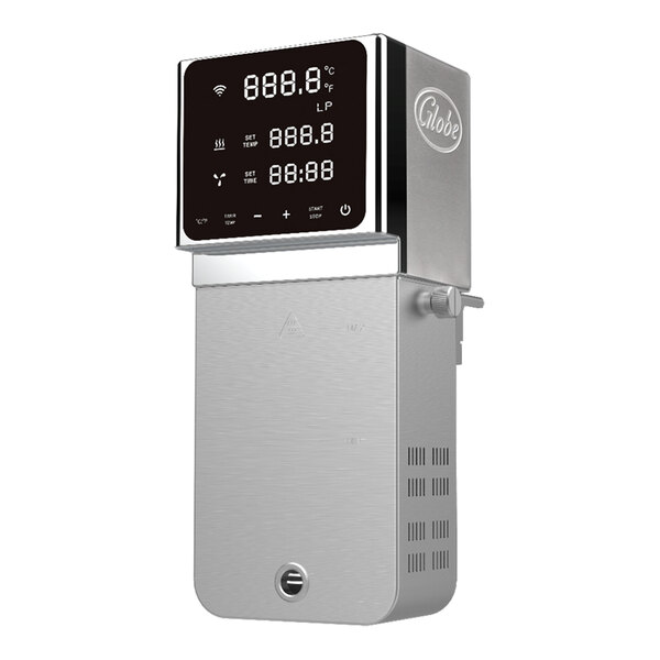 A stainless steel sous vide immersion circulator head with a 5-inch LCD touch screen display.