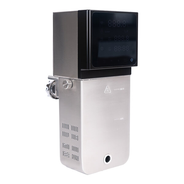 A stainless steel sous vide immersion circulator head with a black 5-inch LCD touch screen display.