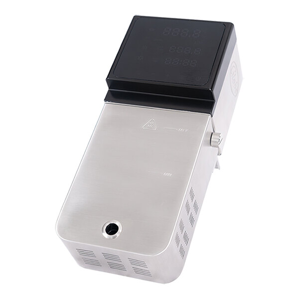 A stainless steel sous vide immersion circulator head with a 5-inch LCD touch screen.