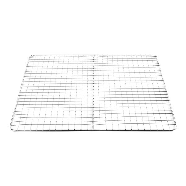 A square metal cooling or baking rack with a grid pattern.