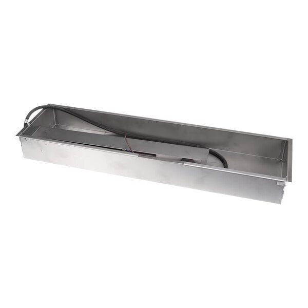 A stainless steel rectangular condo pan with an attached heating element and wiring, designed for commercial food service use.