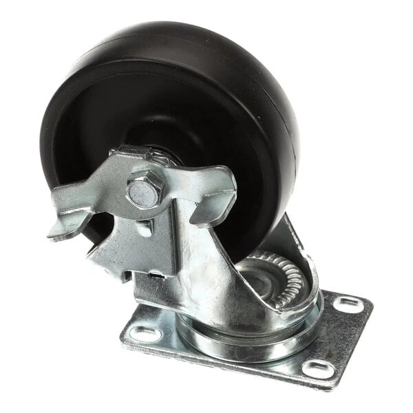 A metal swivel caster with a black 4-inch diameter wheel and mounting plate.