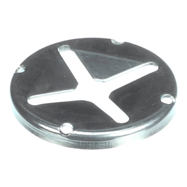 A round metal camlock retainer with three cut-out slots and three screw holes.