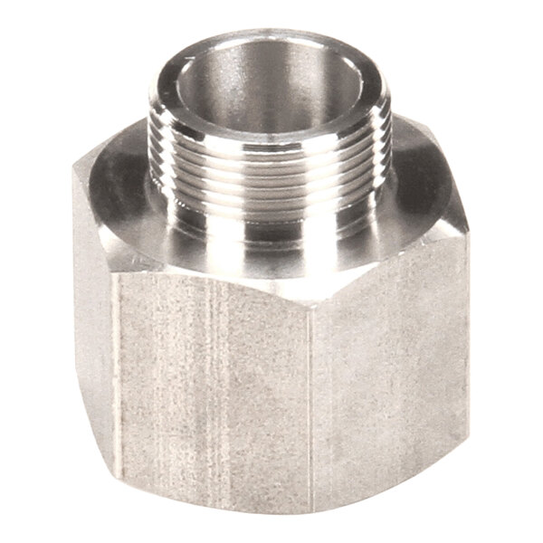 A metal pipe fitting with a hexagonal body and threaded end.