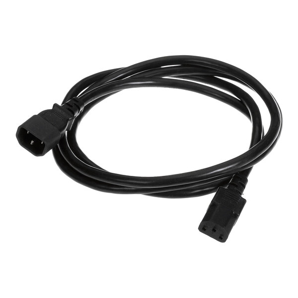 A black power cord with a three-prong connector and a matching socket, rated for 13 amperes and 250 volts.