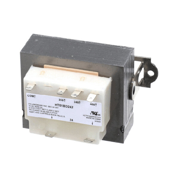 A rectangular electrical transformer with labeled terminals and a mounting bracket, identified as an International Comfort Products 1171496 model.