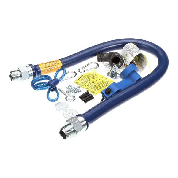 A flexible blue gas connector kit with fittings and installation hardware.