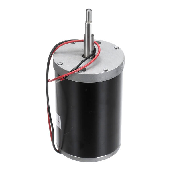 A cylindrical electric motor with attached wires and a protruding metal shaft.