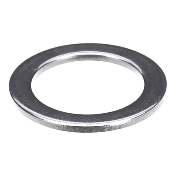 A flat, circular metal washer with a central hole, typically used in mechanical assemblies.