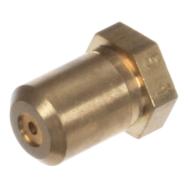 A brass orifice fitting with a hexagonal head and a small central hole, typically used in gas appliances.