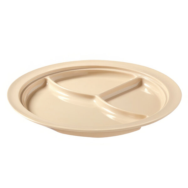 A tan melamine plate with three compartments.