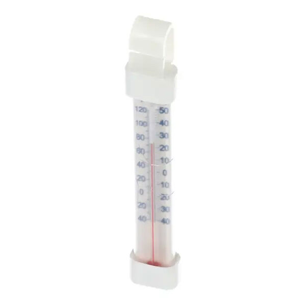 A cylindrical thermometer with a white plastic casing and a hook for hanging.